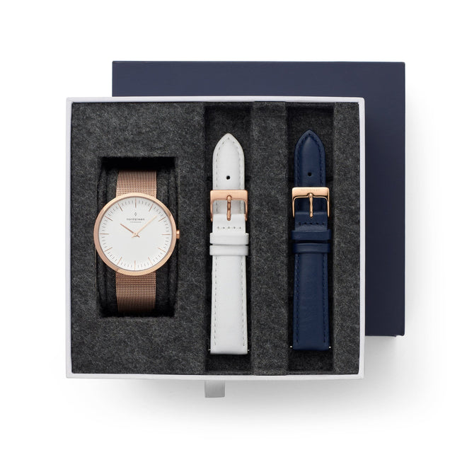 Infinity - L’offre Groupée Cadran Blanc Or Rose Cadran Blanc | Maille / Blanc / Bleu Marine Bracelets