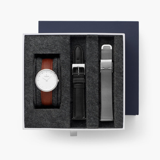 Infinity - L’offre Groupée Cadran Blanc Argent | Marron / Noir / Bracelets Mailles