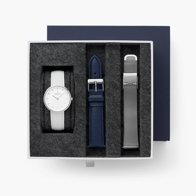 Infinity - L’offre Groupée Cadran Blanc Argent | Blanc / Bleu Marine / Bracelets Mailles