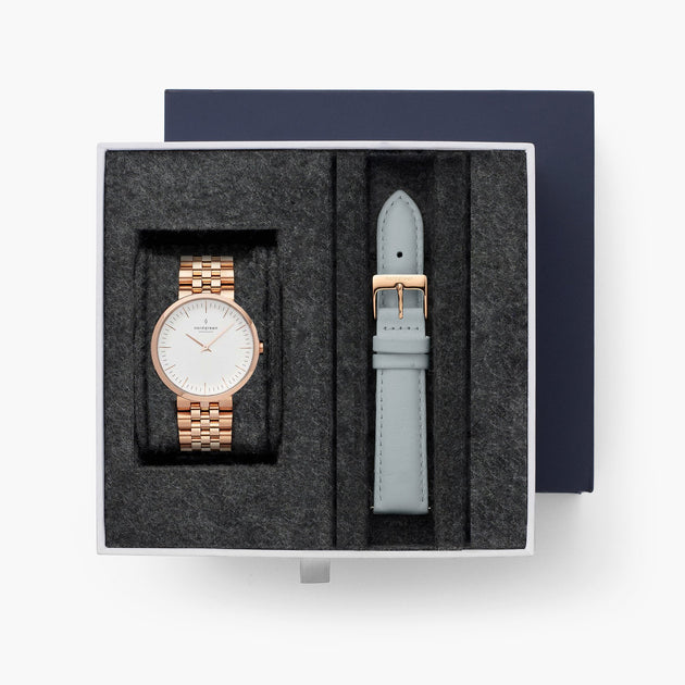 Infinity - L’offre Groupée Cadran Blanc Or Rose | Or Rose 5-Link / Cuir Gris Bracelets