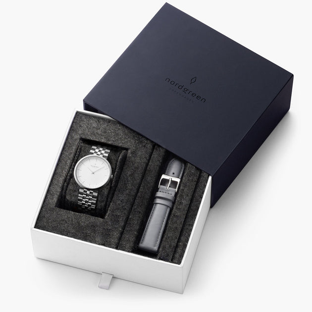 Infinity - L’offre Groupée Cadran Blanc Argent | Argent 5-Link / Cuir Gris Bracelets