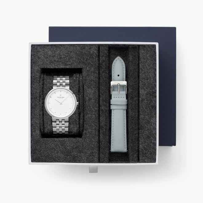 Infinity - L’offre Groupée Cadran Blanc Argent | Argent 5-Link / Cuir Gris Bracelets