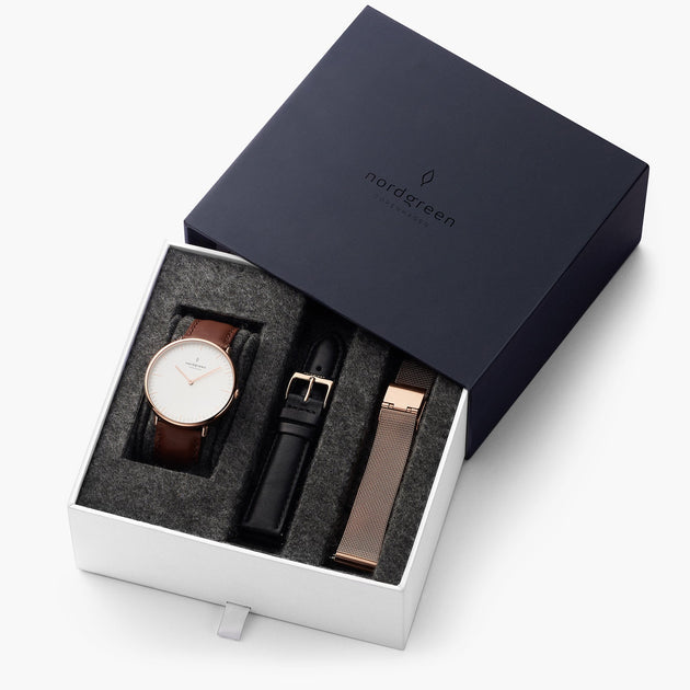 Native - L’offre Groupée Cadran Blanc Or Rose | Cuir Marron / Cuir Noir / Maille Or Rose Bracelets