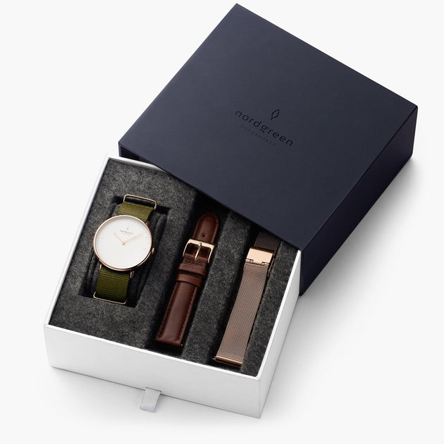 Native - L’offre Groupée Cadran Blanc Or Rose | Nato Vert Olive / Cuir Marron / Maille Or Rose Bracelets