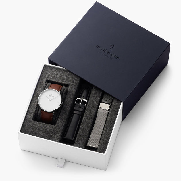 Native - L’offre Groupée Cadran Blanc Argent | Cuir Marron / Cuir Noir / Maille Argent Bracelets