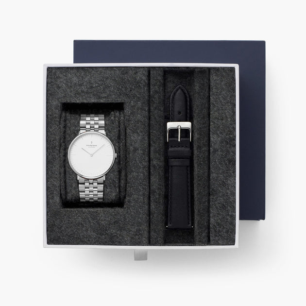 Native - L’offre Groupée Cadran Blanc Argent | Argent 5-Link / Cuir Noir Bracelets