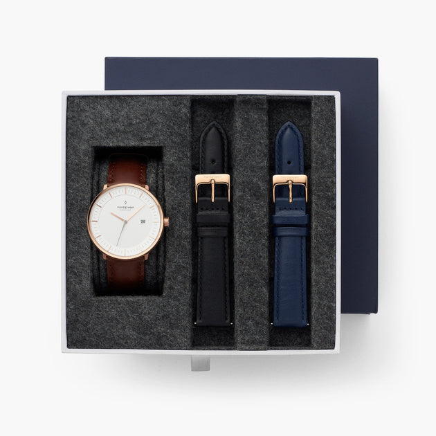 Philosopher - L’offre Groupée Cadran Blanc Or Rose | Marron / Noir / Bleu Marine Bracelets