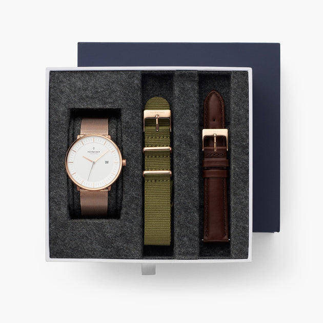 Philosopher - L’offre Groupée Cadran Blanc Or Rose | Maille / Nato Vert Bracelets / Marron Foncé