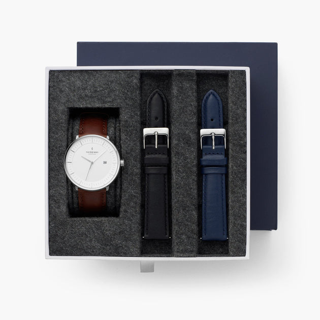 Philosopher - L’offre Groupée Cadran Blanc Argent | Marron / Noir / Bleu Marine Bracelets