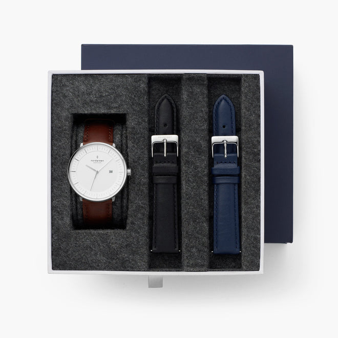 Philosopher - L’offre Groupée Cadran Blanc Argent | Marron / Noir / Bleu Marine Bracelets