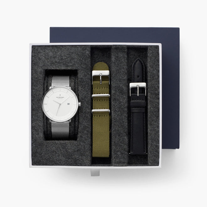 Philosopher - L’offre Groupée Cadran Blanc Argent | Maille / Nato Vert / Noir Bracelets