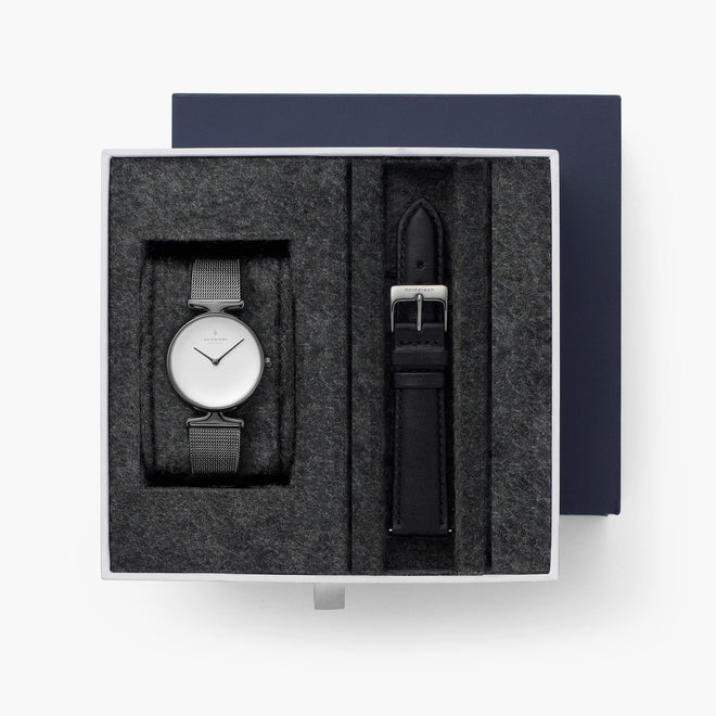 Unika - L’offre Groupée Cadran Blanc Bronze | Bronze Maille / Cuir Noir Bracelets