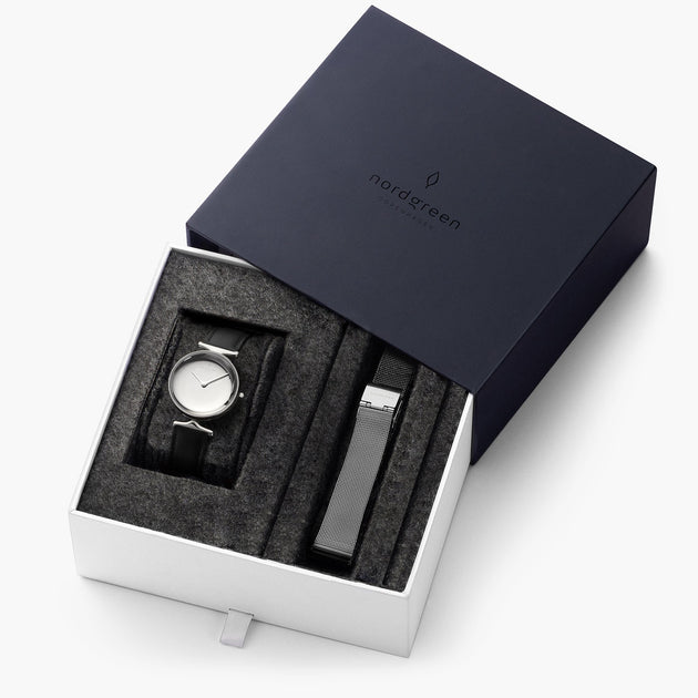 Unika - L’offre Groupée Cadran Métal Poli Argent | Cuir Noir / Maille