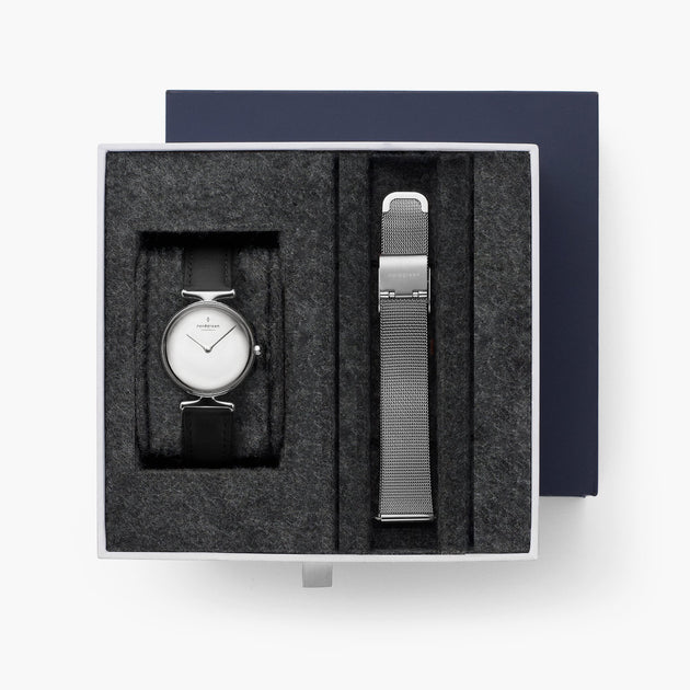 Unika - L’offre Groupée Cadran Métal Poli Argent | Cuir Noir / Maille