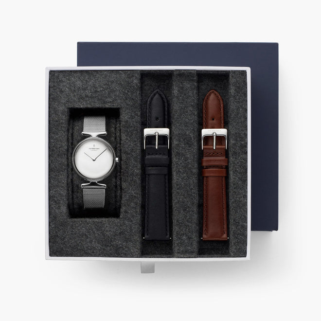 Unika - L’offre Groupée Cadran Métal Poli Argent | Maille / Cuir Noir / Cuir Marron